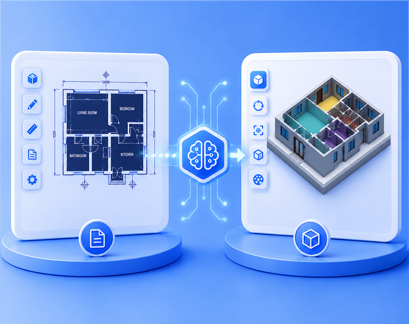 AI workflow converting a technical drawing into a 3D model