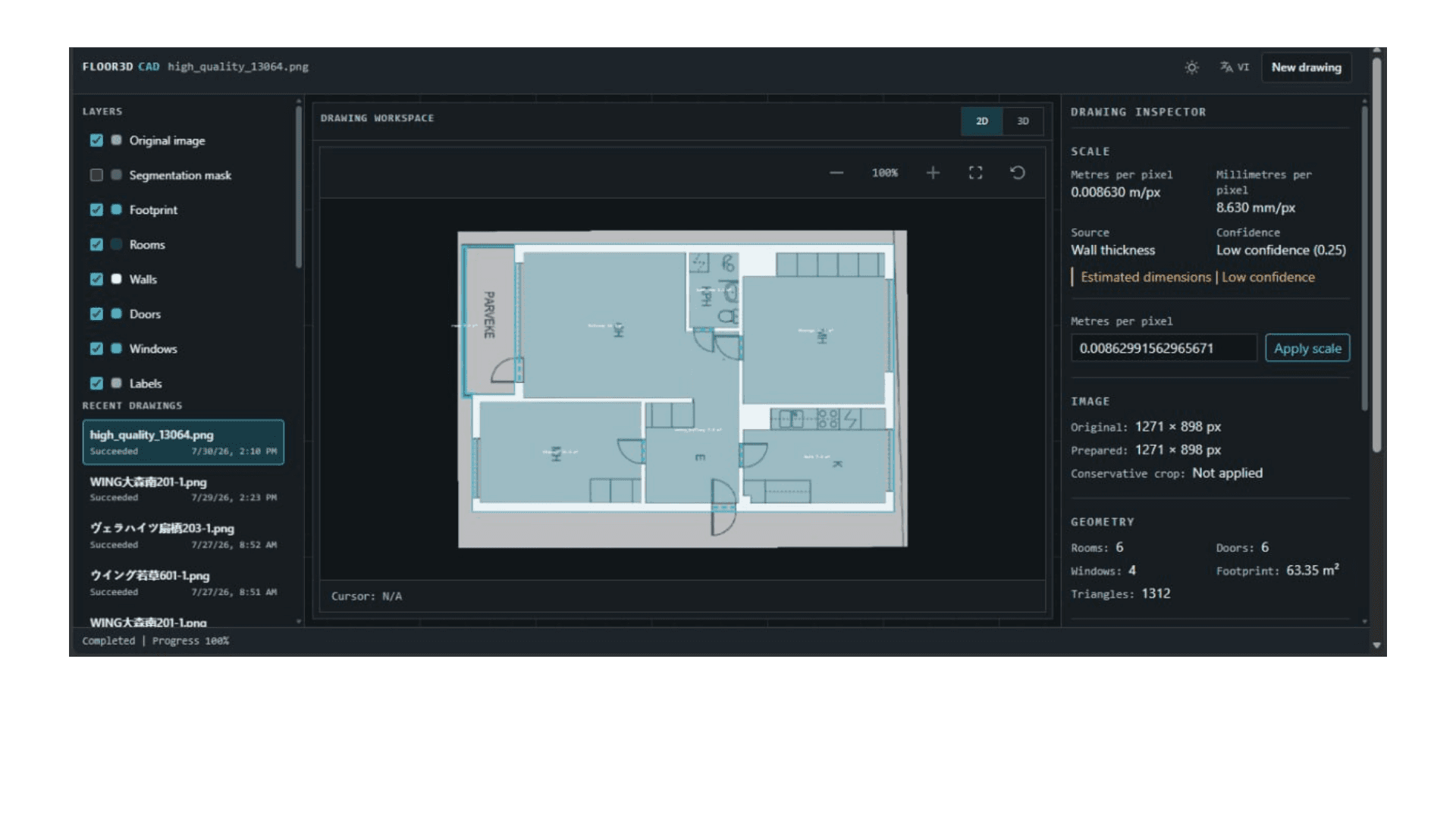 AI interpretation of the original 2D floor plan